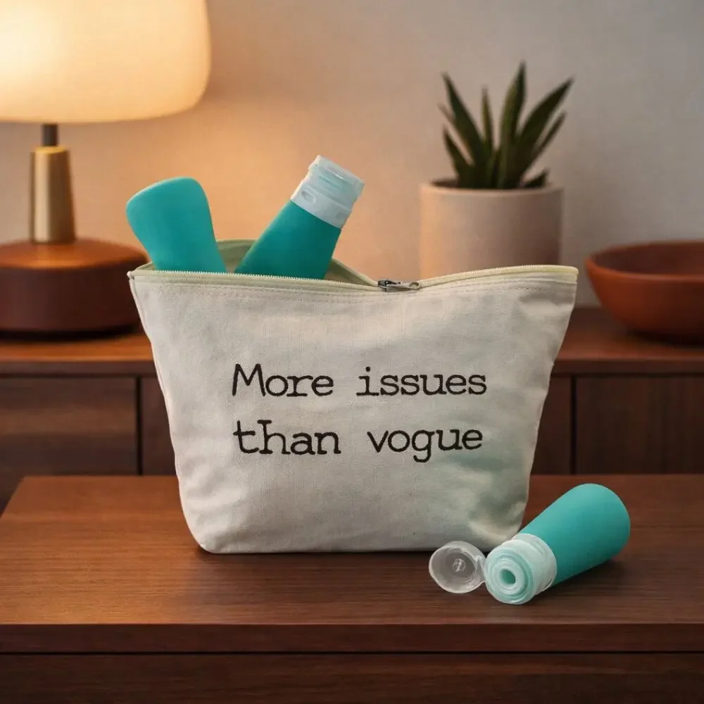 Funny Cosmetic Bag Set More Issues Than Vogue w Travel Bottles NEW